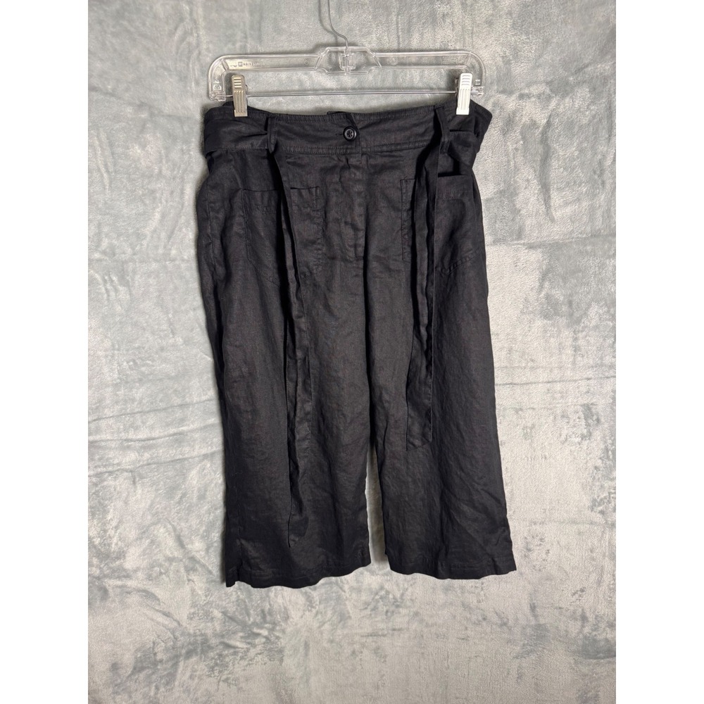 Coldwater Creek Black 100%‎ Linen Wide Leg Cropped Pants Tie Waist P12